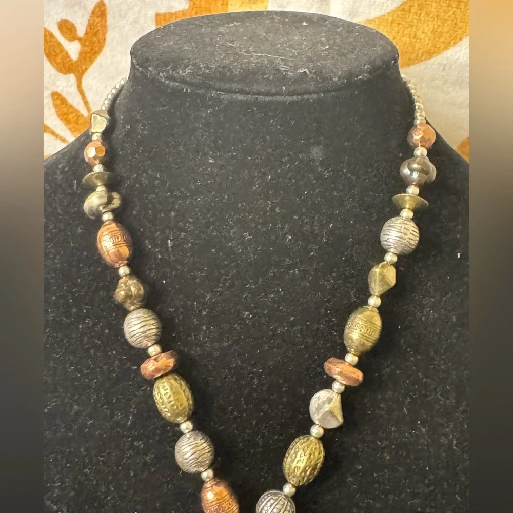 Boho Mixed Metal Statement Necklace w/ Large Textured Pendant - Picture 4 of 9